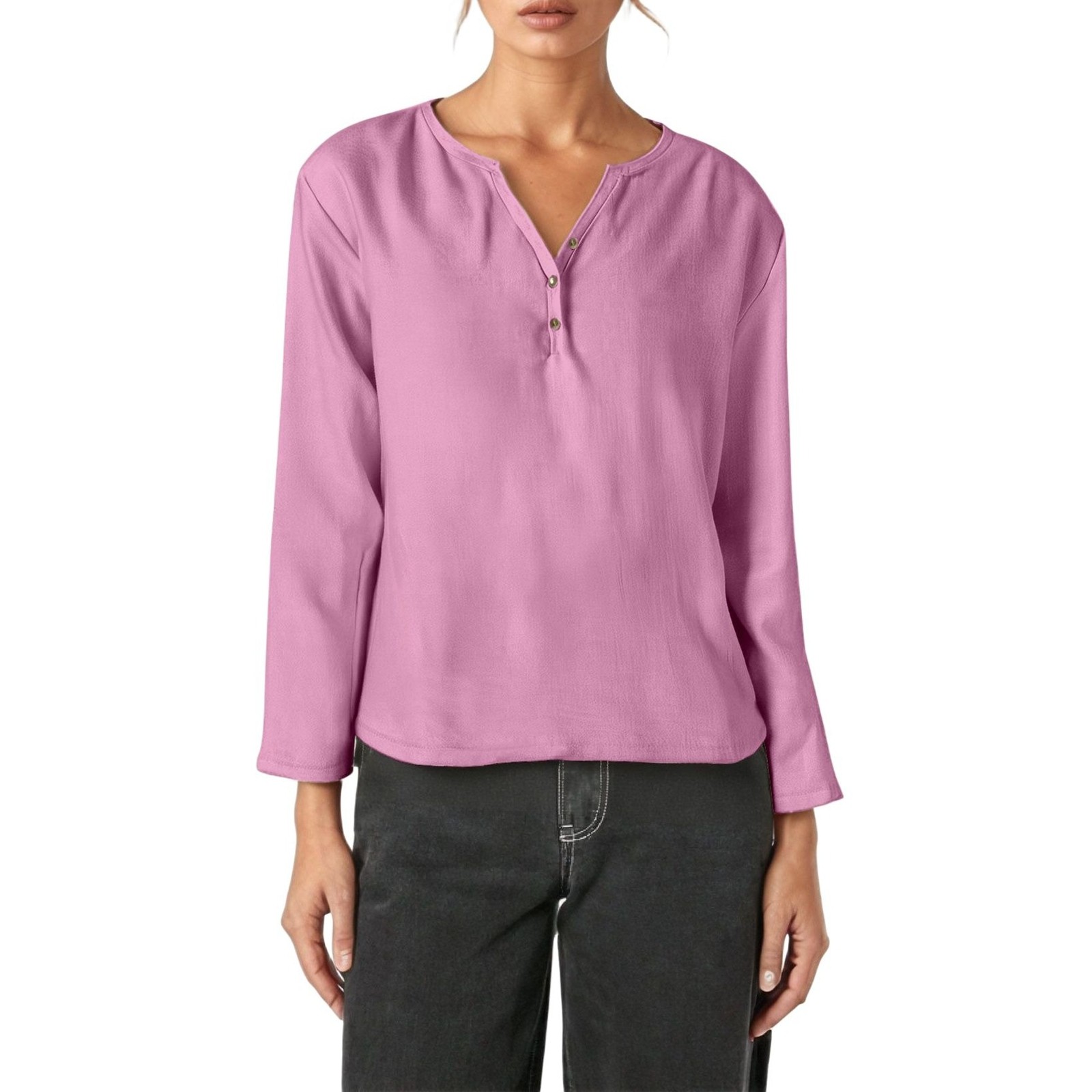 Camiseta informal de manga larga y cuello en V - Elegante cuello en V, color versátil, tejido cómodo